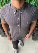 Social Ralph Lauren Manga Curta Micro Xadrez Escuro