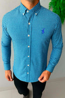 Social Ralph Lauren Manga Longa Micro Xadrez Escuro